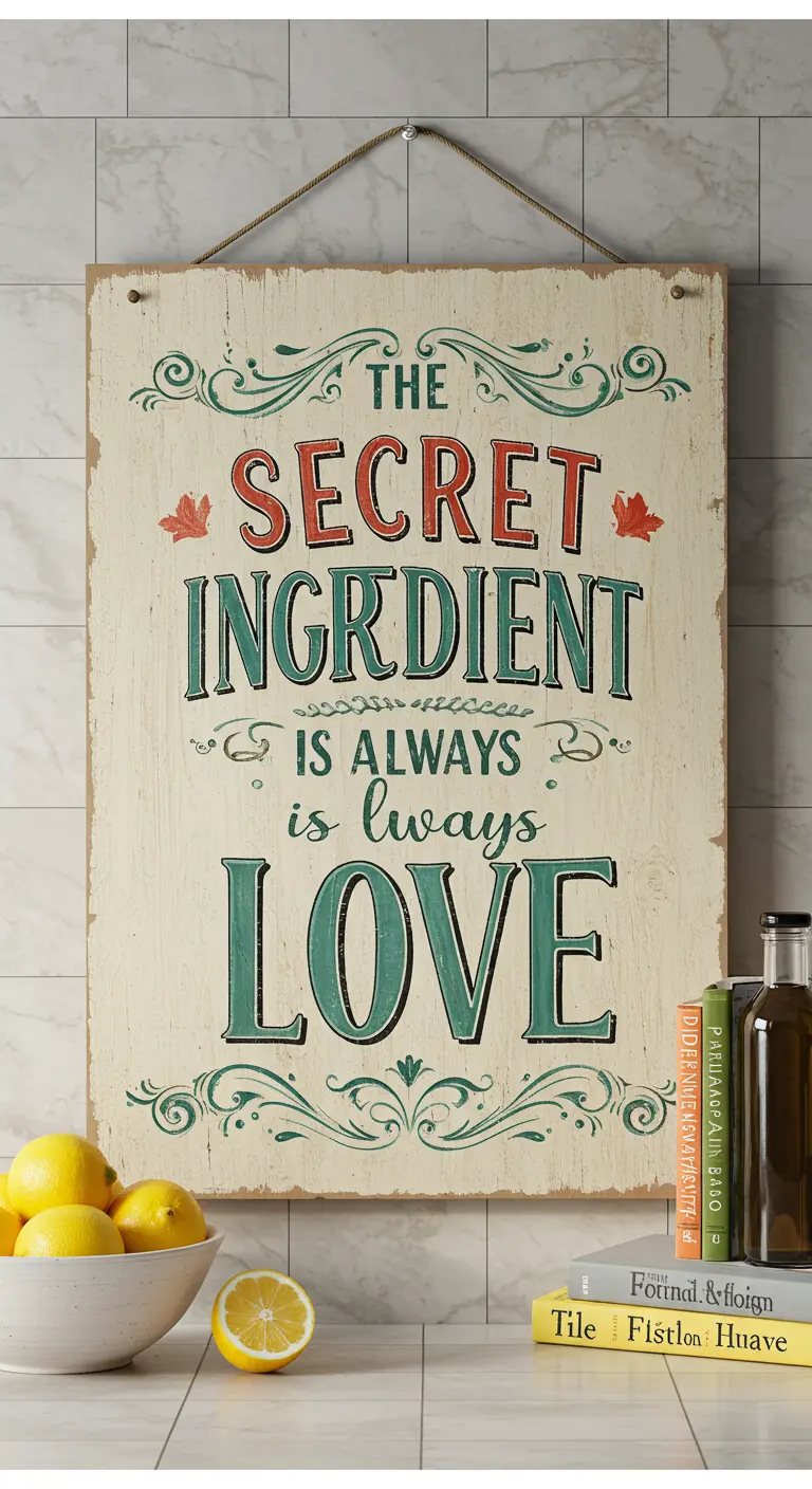 Letrero de cocina de estilo vintage con la frase 'The secret ingredient is always love'.