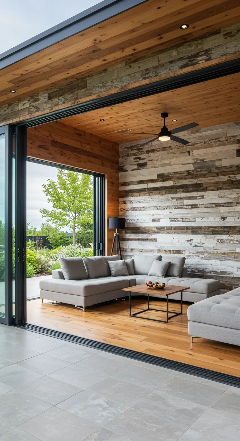 Sala de estar con grandes puertas de cristal plegables que se abren a un patio.
