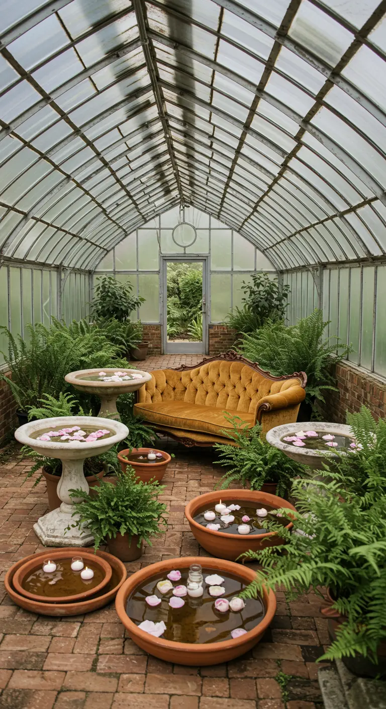Invernadero lleno de plantas con recipientes de terracota con agua, pétalos y velas flotantes.