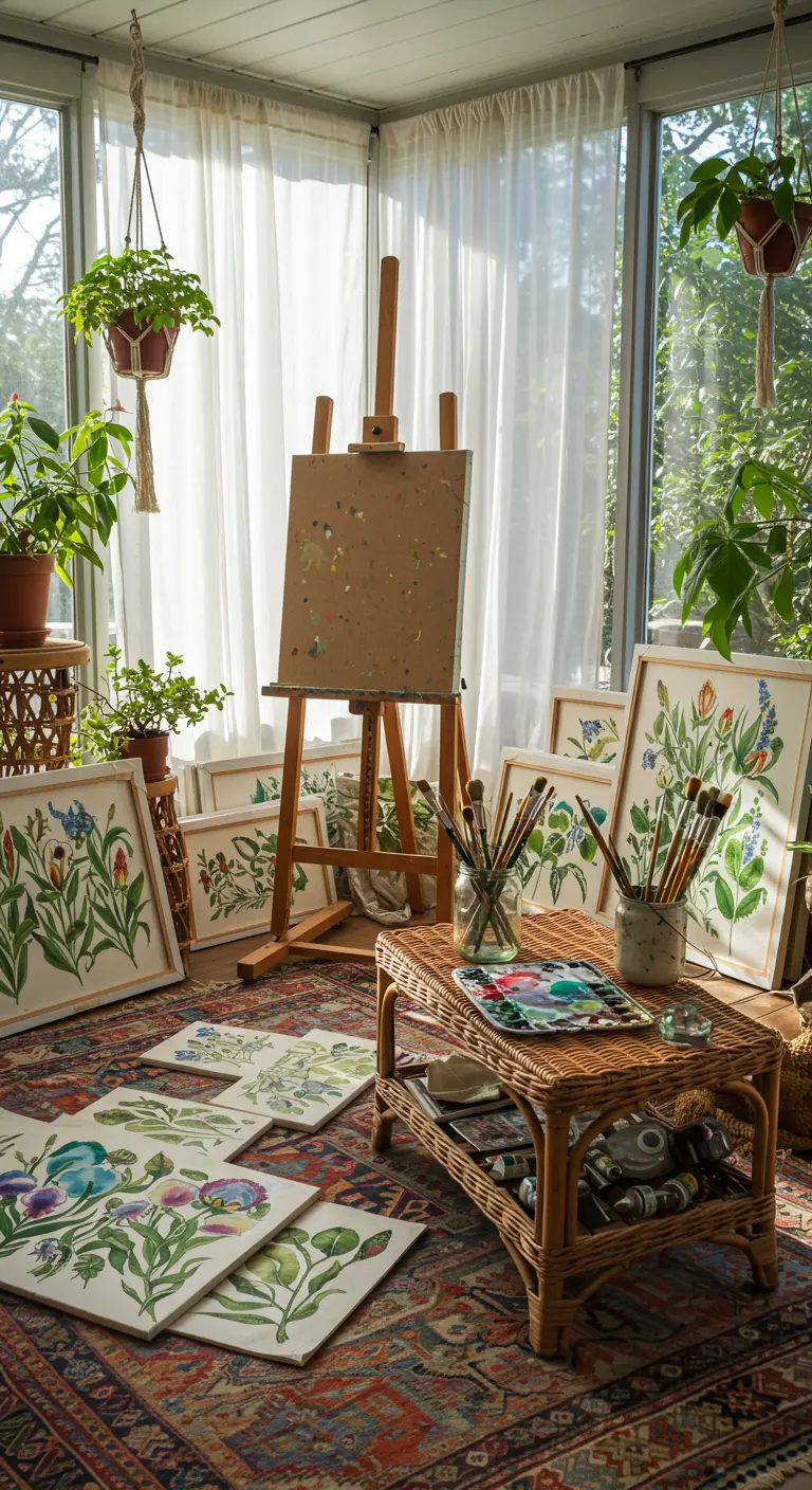 Estudio de arte luminoso en un porche acristalado con plantas colgantes y muebles de mimbre.