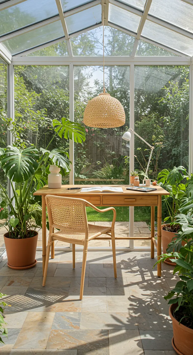 Oficina luminosa en un invernadero acristalado, con plantas y muebles de ratán