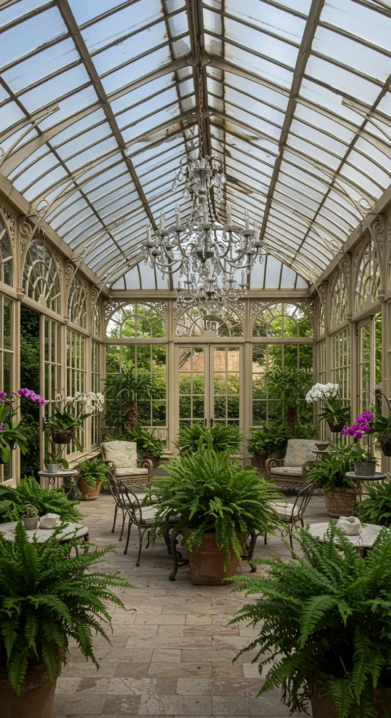 Invernadero de estilo victoriano lleno de plantas con una gran lámpara de araña de cristal clásico.