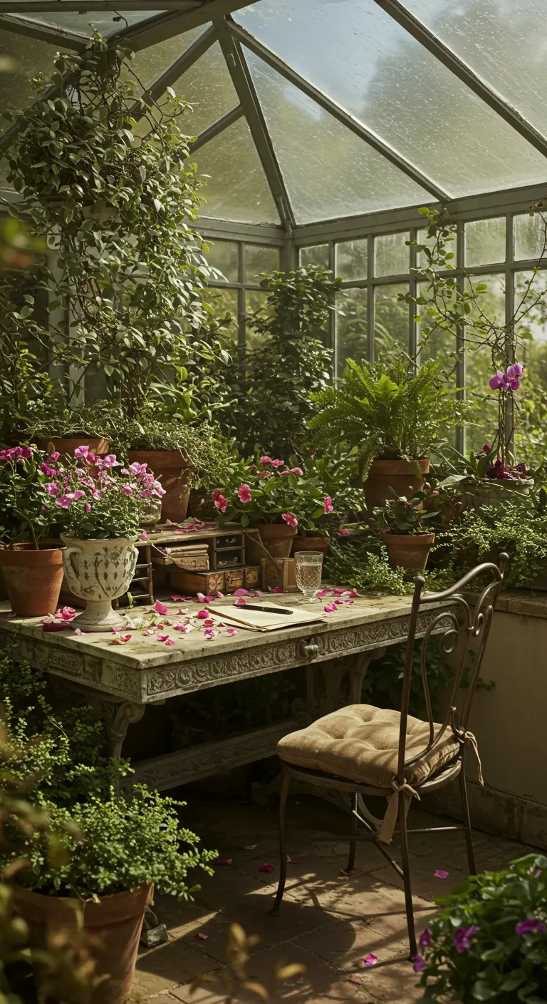 Escritorio de hierro forjado en un invernadero lleno de plantas, con pétalos de flores sobre la mesa.