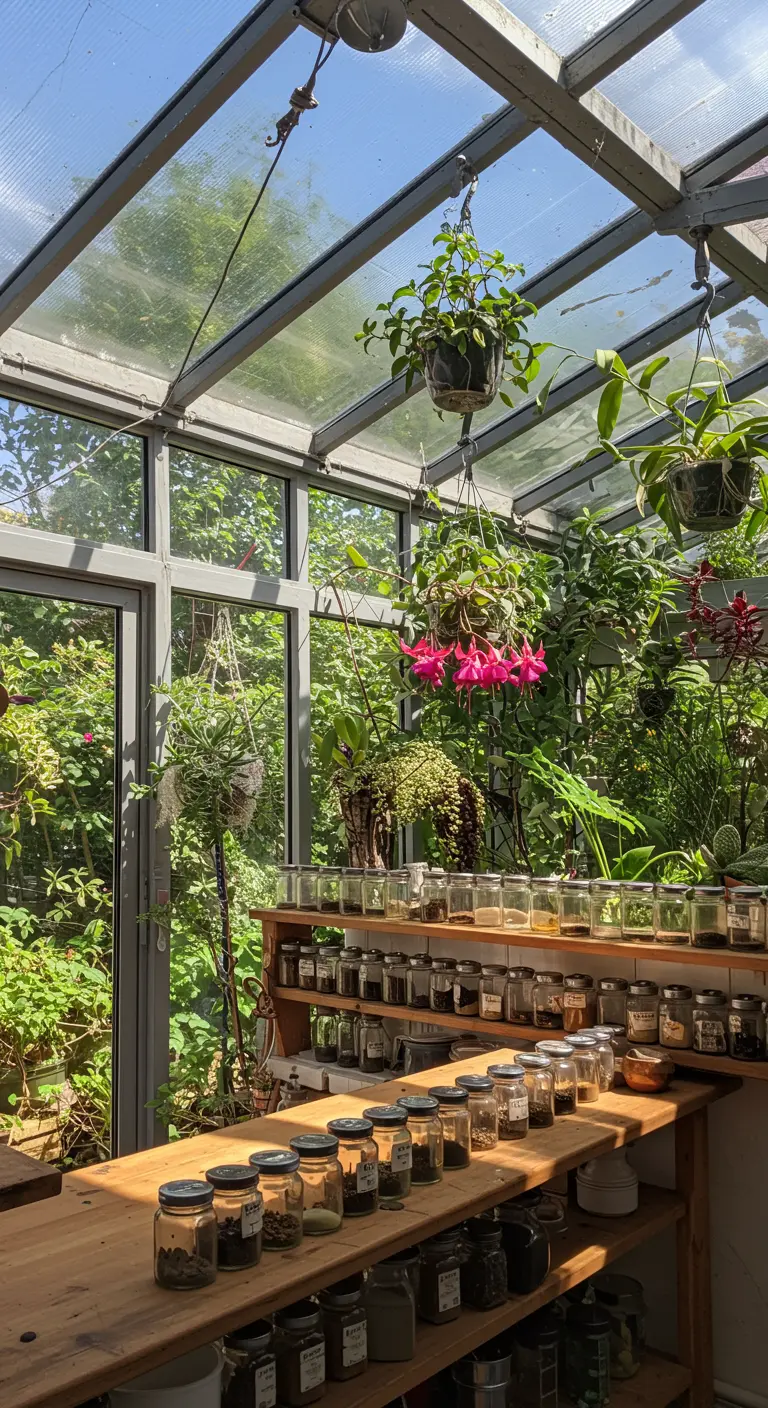 Un invernadero lleno de plantas colgantes y estantes con innumerables frascos de especias.