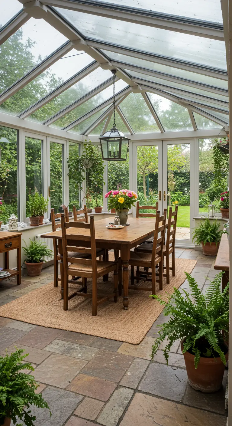 Comedor dentro de un invernadero de cristal, lleno de plantas y con una mesa de madera rústica.