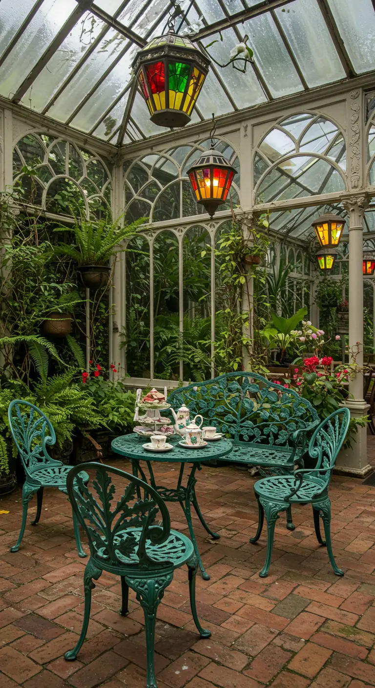 Invernadero de cristal con muebles de hierro forjado verde y coloridos faroles de estilo Tiffany.