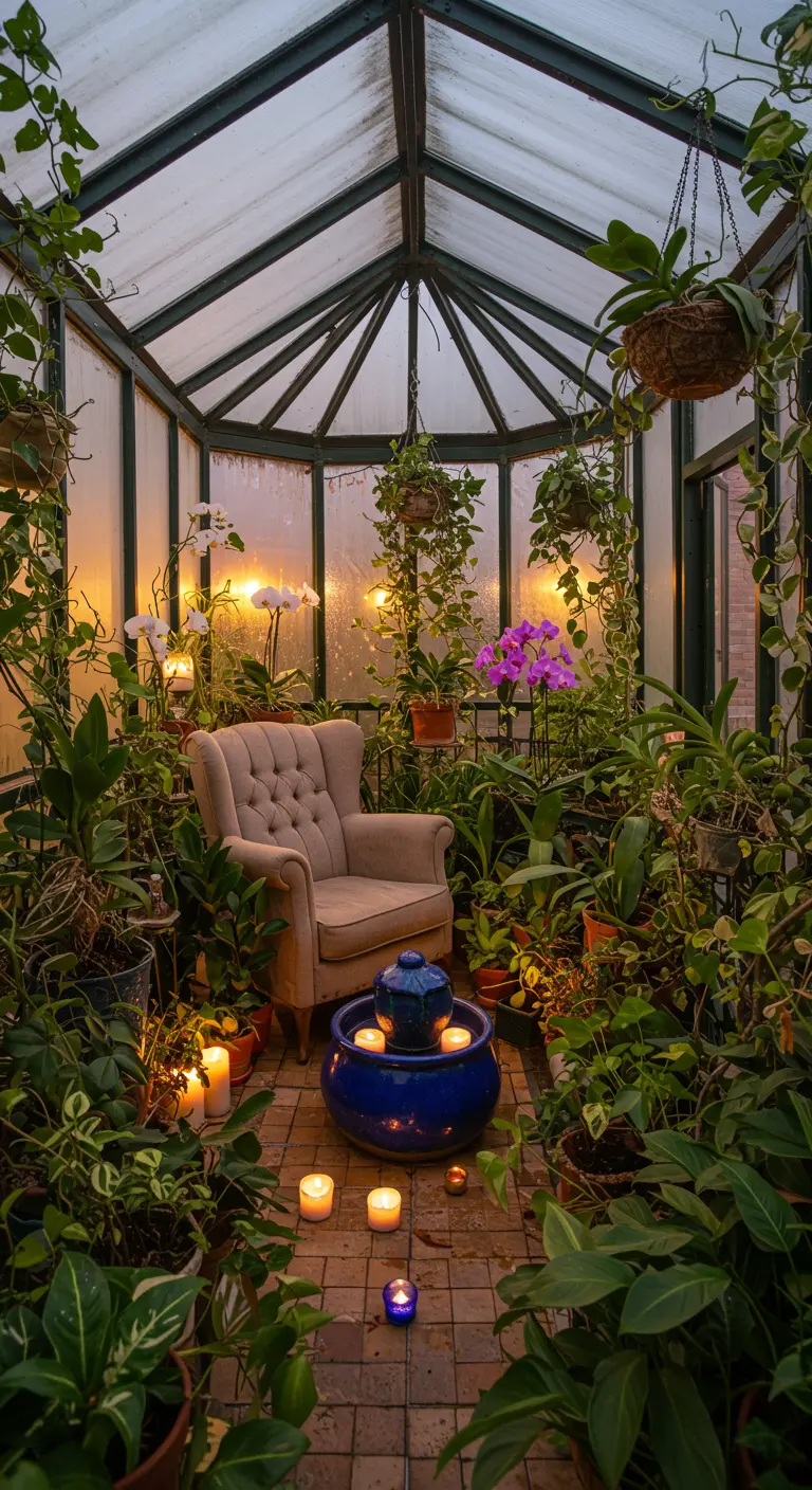Invernadero lleno de plantas y orquídeas, con un sillón cómodo y una fuente de cerámica azul con velas