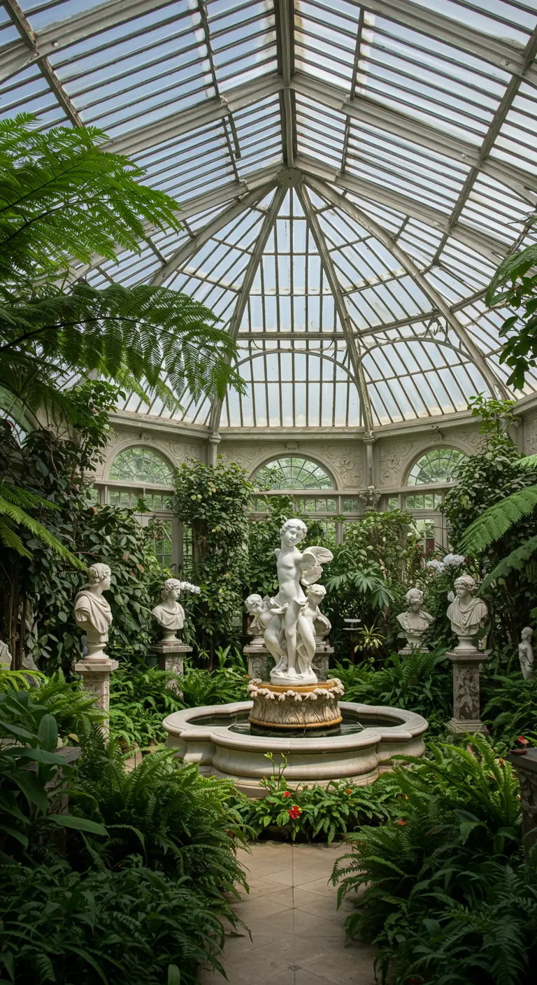 Invernadero de cristal lleno de plantas tropicales con una fuente y esculturas de estilo clásico.