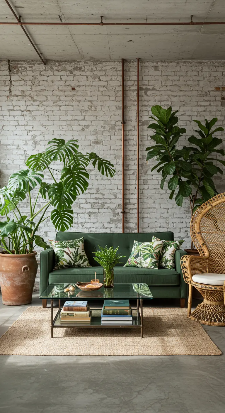 Sala de estar industrial con pared de ladrillo blanco, muchas plantas y un sofá verde.