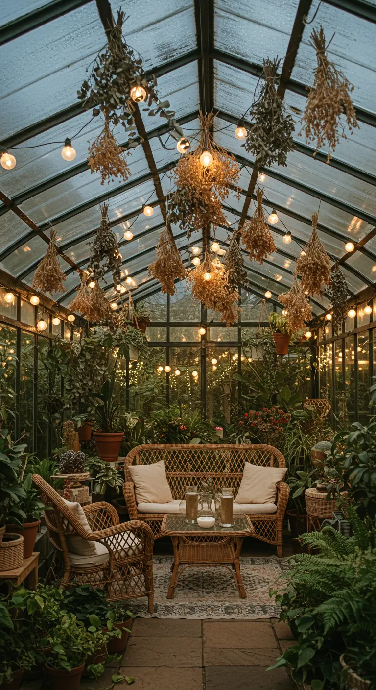 Invernadero lleno de plantas, muebles de mimbre y decorado con luces y ramos de flores secas.