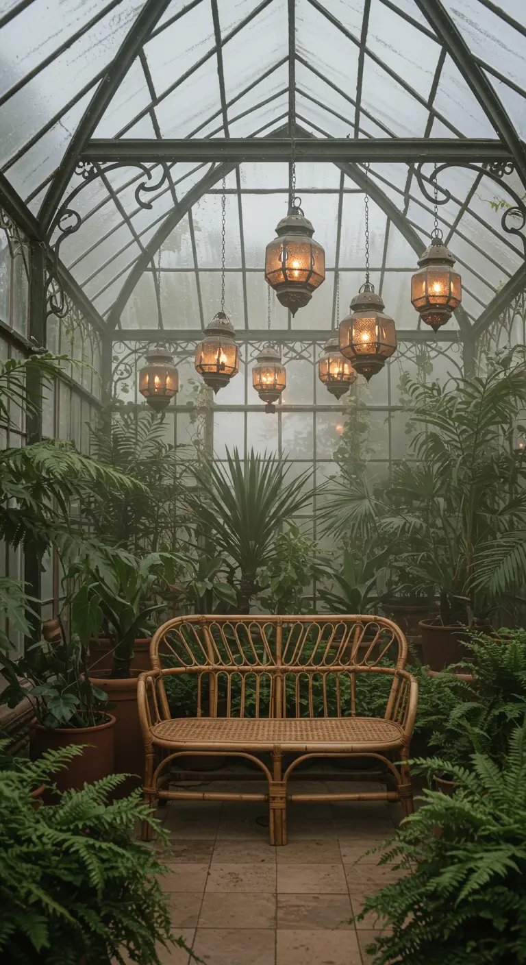 Invernadero lleno de plantas tropicales con un banco de bambú y lámparas de estilo marroquí colgando