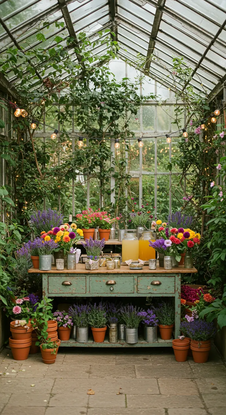 Mesa de jardinería vintage usada como barra de bebidas dentro de un invernadero lleno de flores.