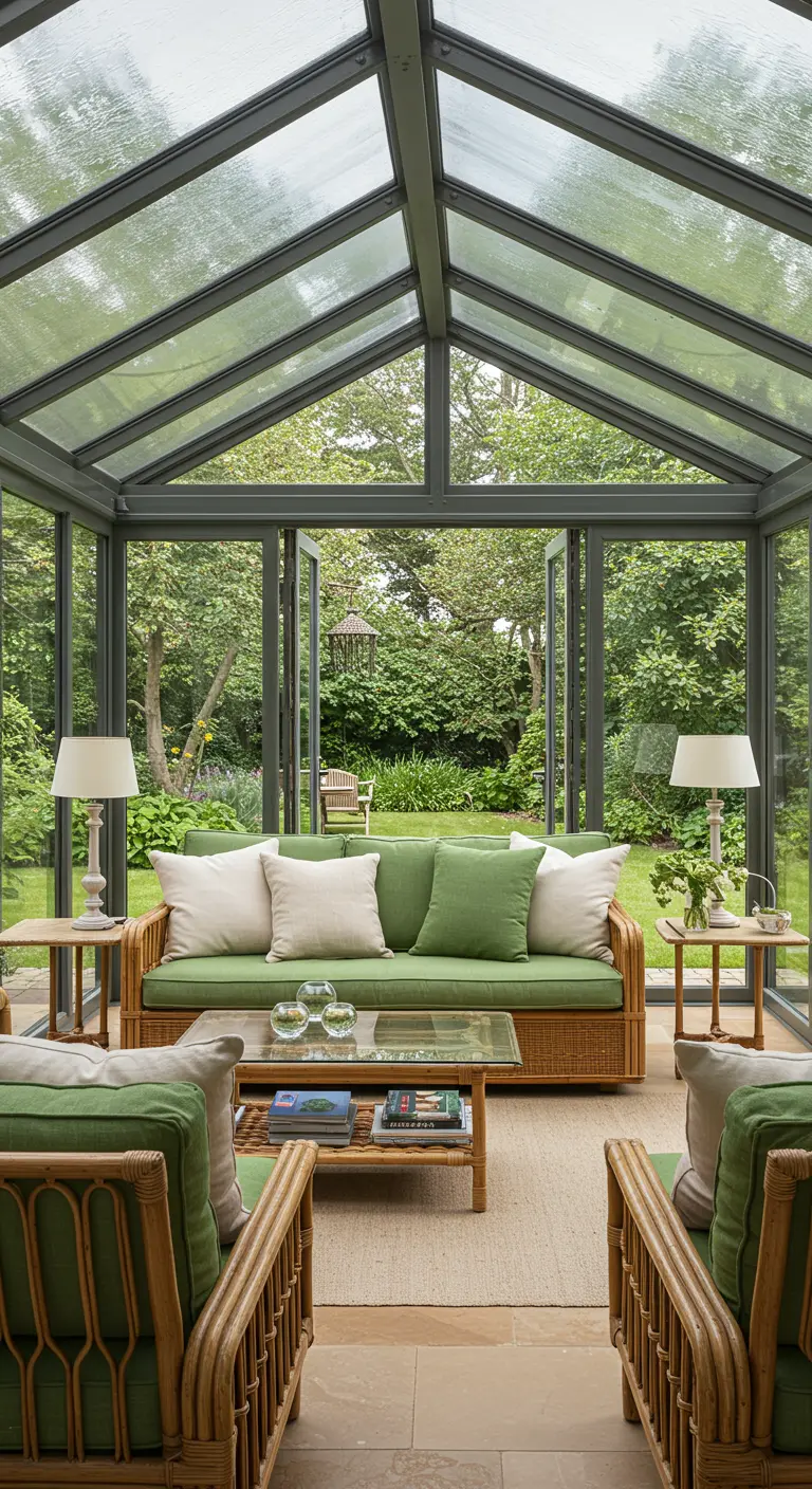 Invernadero acristalado con sofás y sillones de bambú, y cojines en tonos verde oliva y crudo.