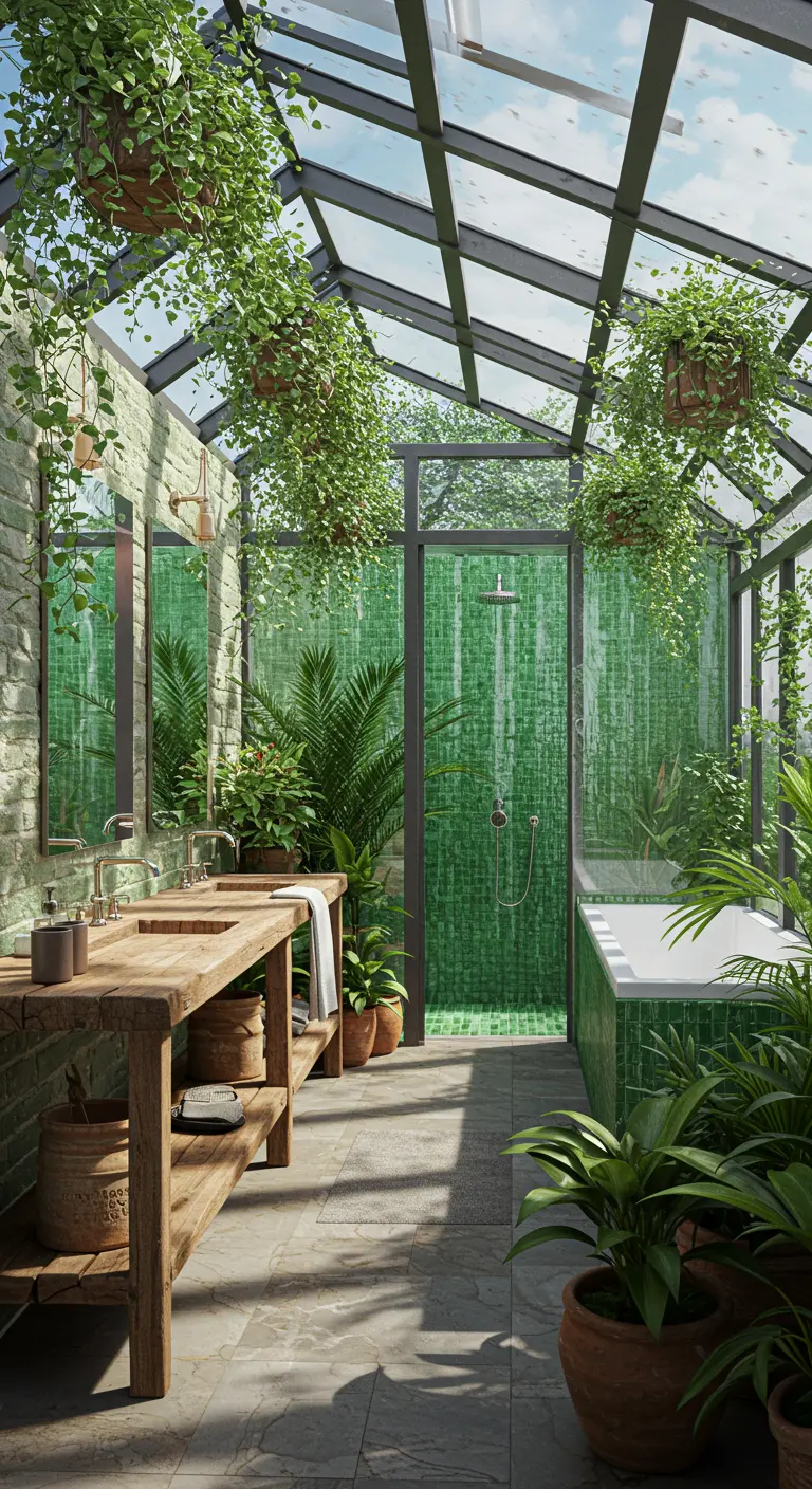 Baño tipo invernadero con techo de cristal, muchísimas plantas y muebles de madera rústica.