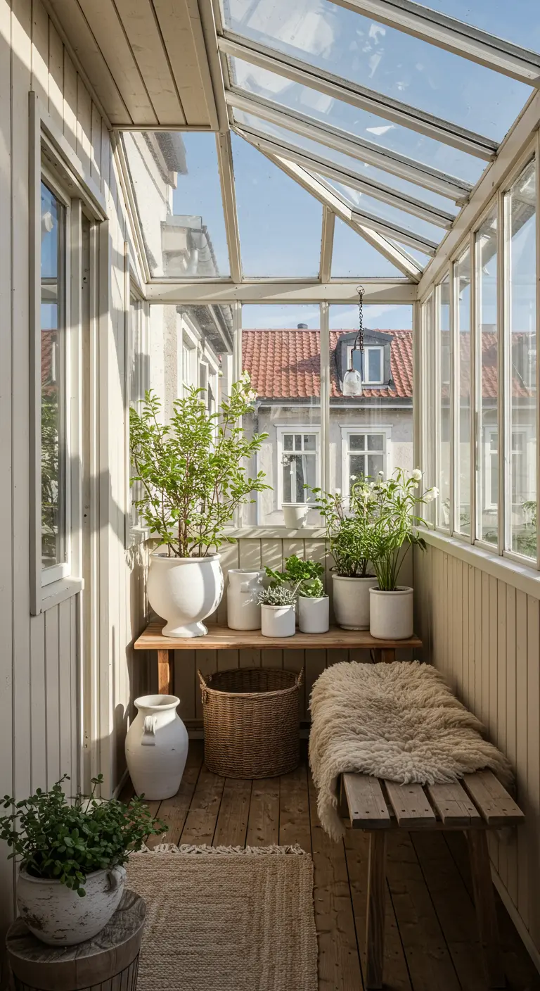 Balcón acristalado tipo invernadero con banco de madera, plantas en macetas blancas y techo de cristal.