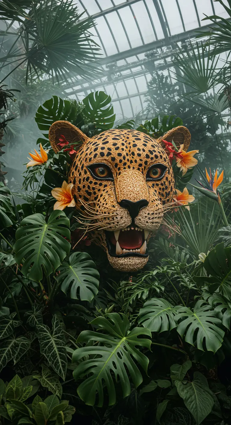 Máscara de jaguar gigante asomando entre una densa vegetación tropical en un invernadero.
