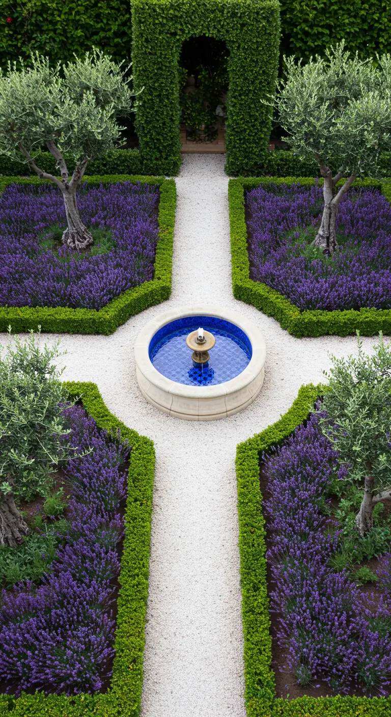 Jardín formal con diseño simétrico, parterres de lavanda bordeados por setos y una fuente central