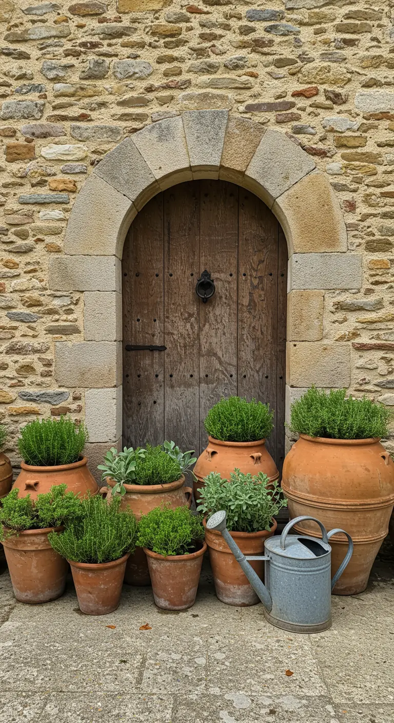 Colección de macetas de terracota con hierbas aromáticas junto a una puerta de madera rústica