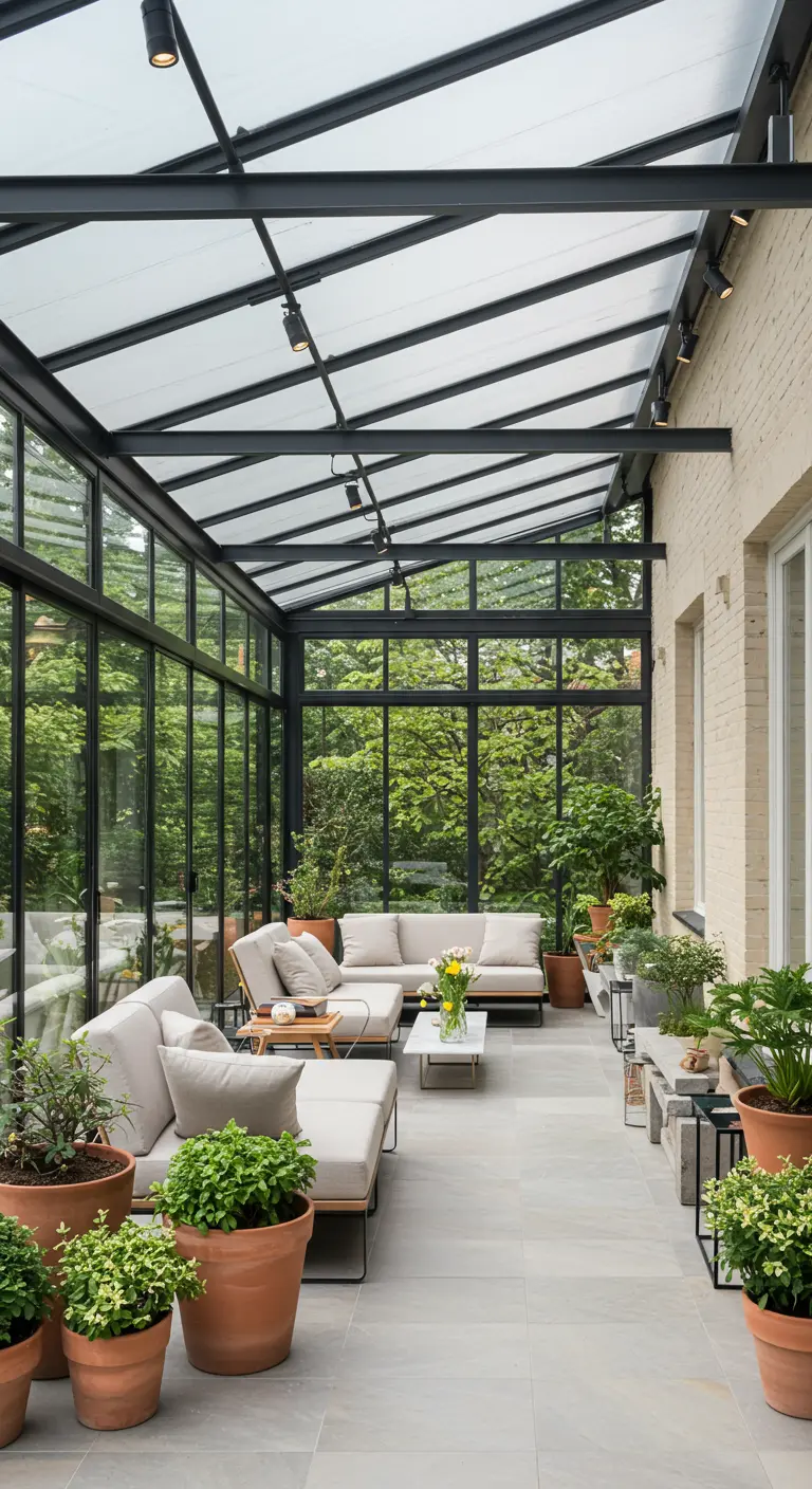 Solárium acristalado con estructura de acero negro, sofás beige y plantas en macetas de terracota.