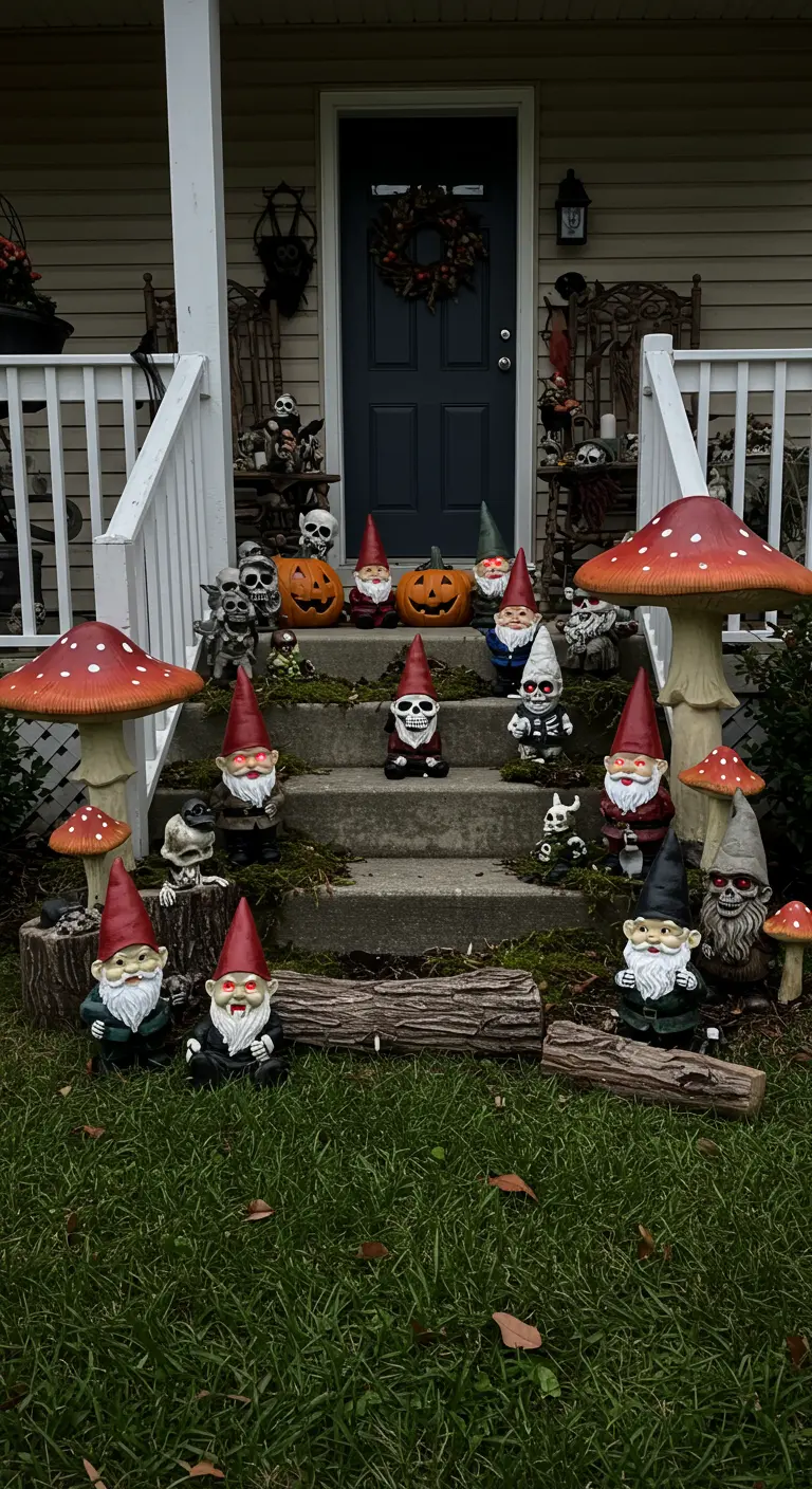 Jardín frente a un porche lleno de gnomos de aspecto terrorífico con calaveras y ojos rojos.