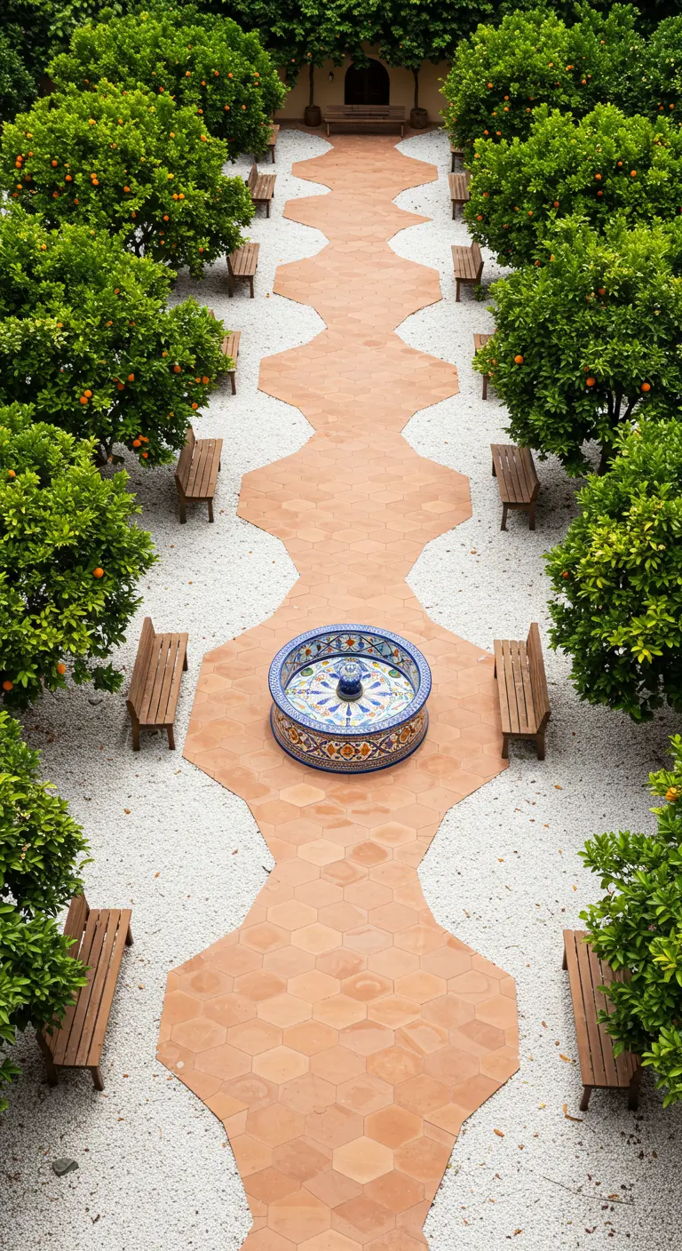 Vista aérea de un jardín simétrico con un camino sinuoso, naranjos y una fuente de talavera central.