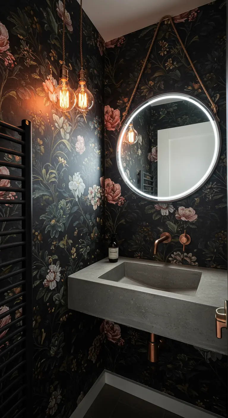 Baño pequeño con papel pintado floral oscuro, lavabo de cemento y grifos de cobre.