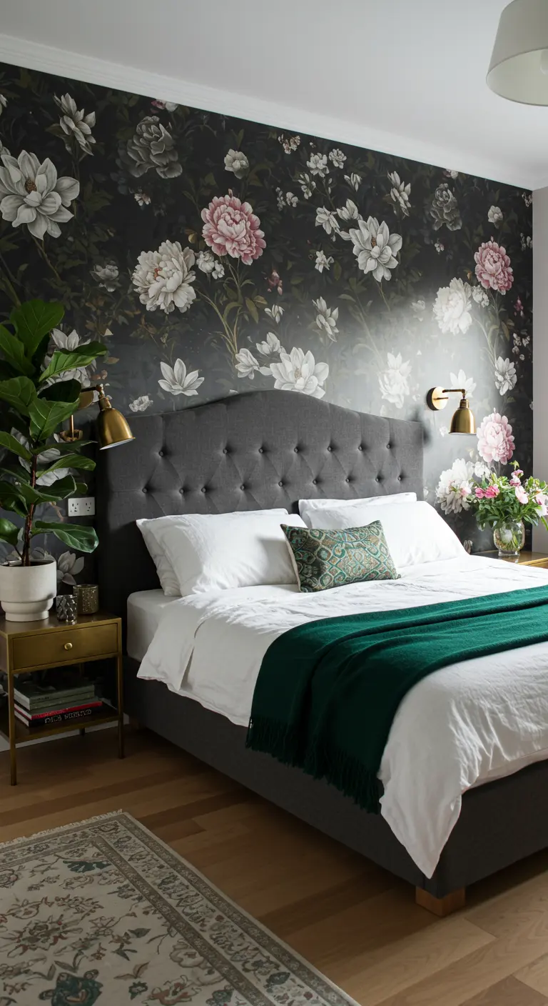 Dormitorio con pared de acento de papel tapiz floral oscuro detrás de una cama gris con sábanas blancas