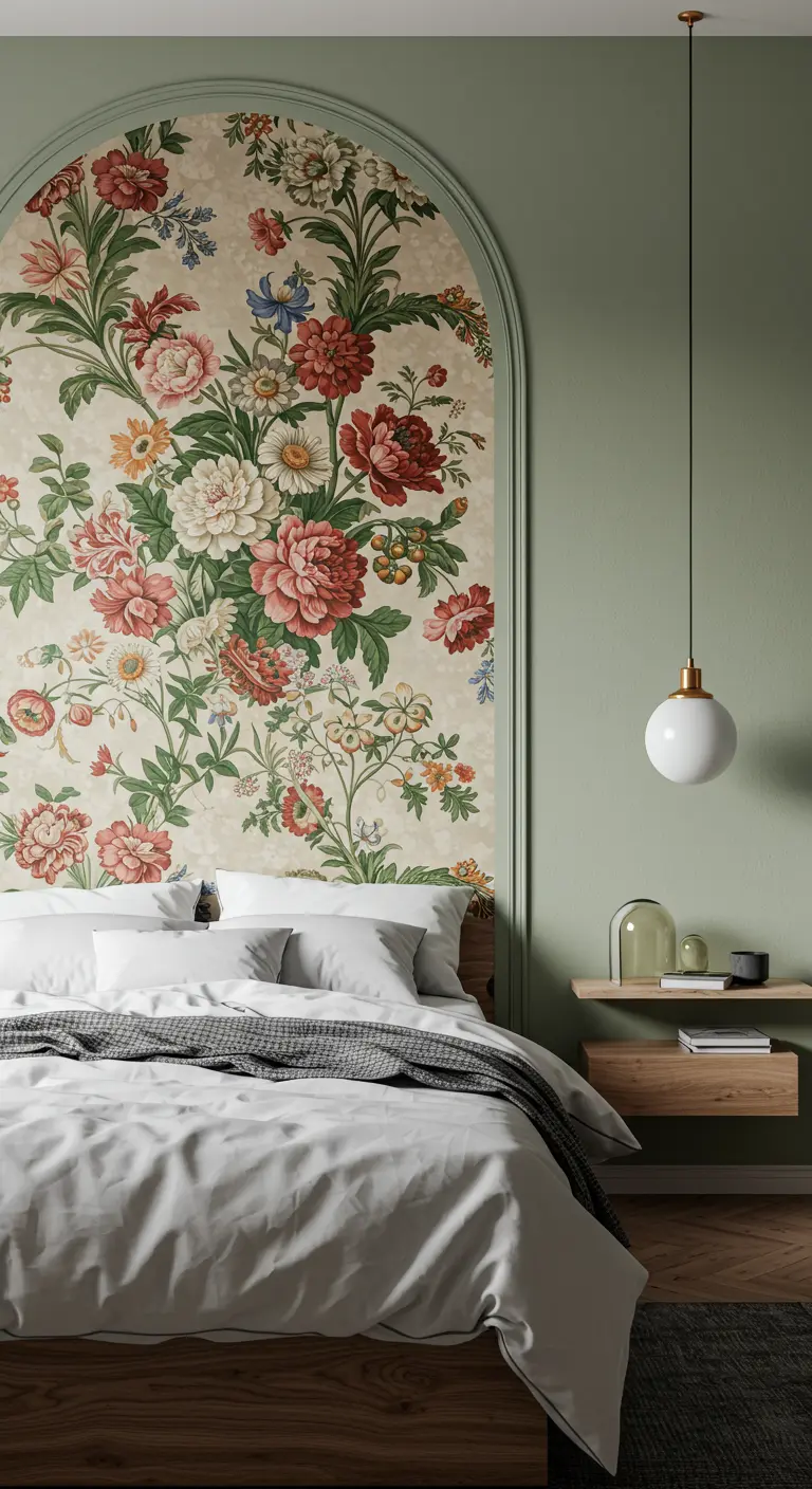 Papel tapiz floral vintage enmarcado dentro de un arco de pared pintado de verde salvia sobre la cama