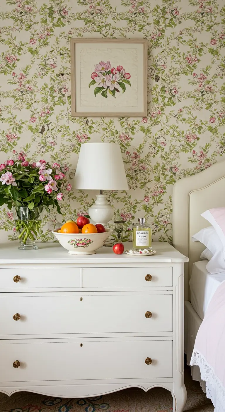 Dormitorio de estilo cottage con papel pintado floral y una cómoda blanca clásica.