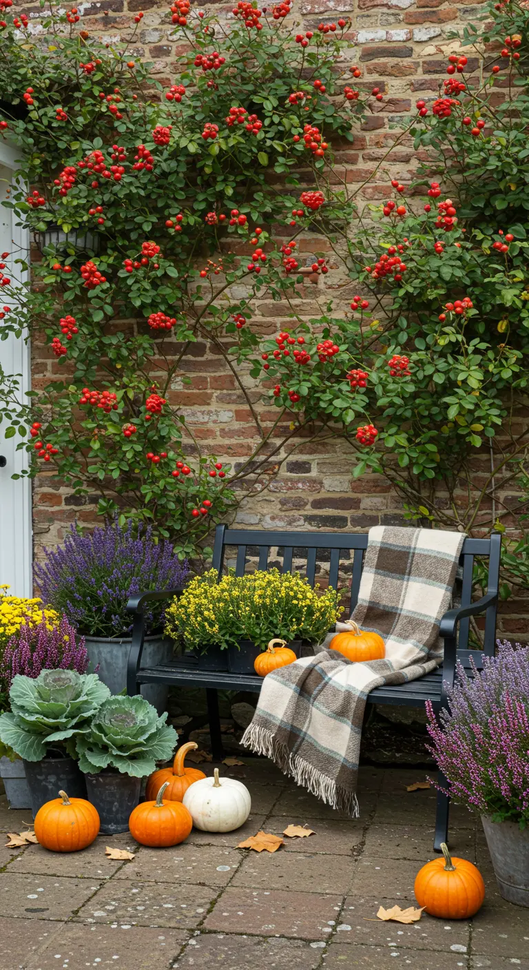 Banco de hierro en un porche de otoño con calabazas, una manta de cuadros y un rosal con escaramujos.