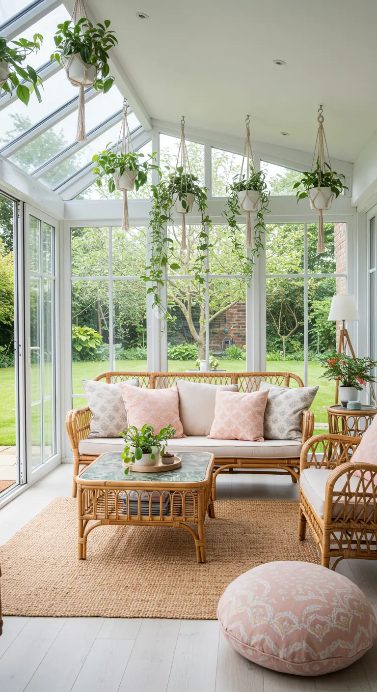 Porche acristalado con muebles de ratán, cojines rosas y plantas colgando del techo en macramé.