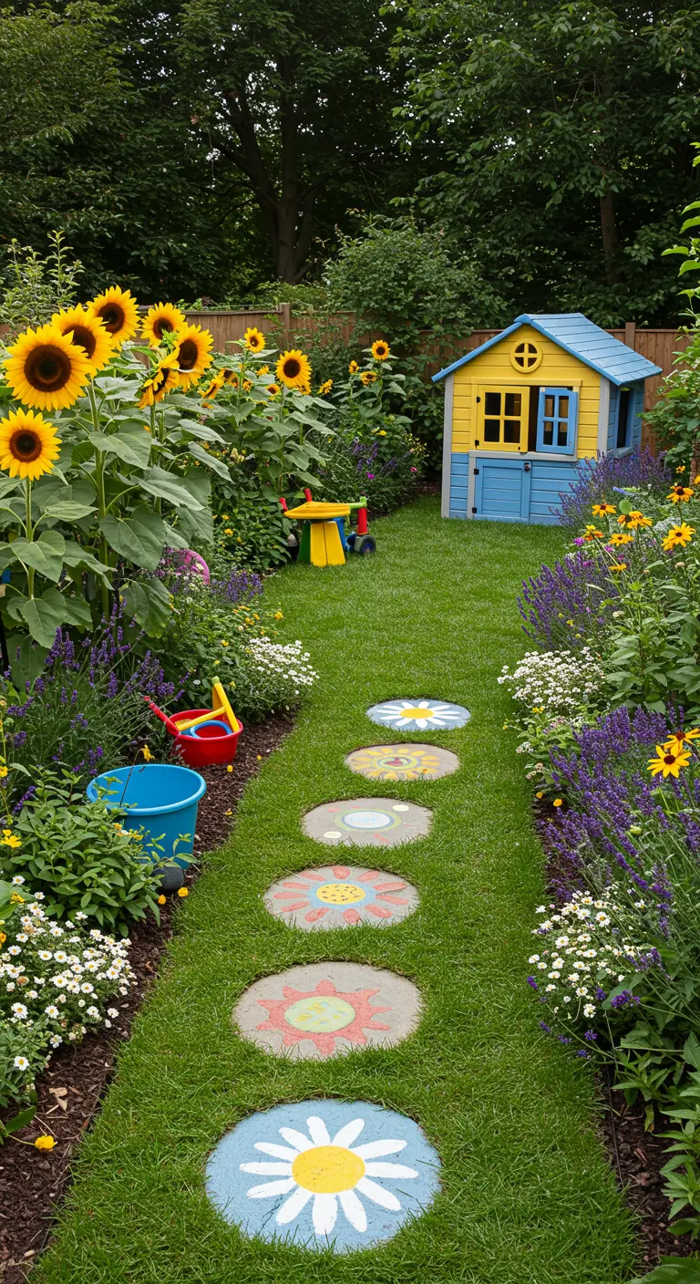 Jardín infantil con una casita de juegos y un camino de baldosas redondas pintadas a mano entre las flores.