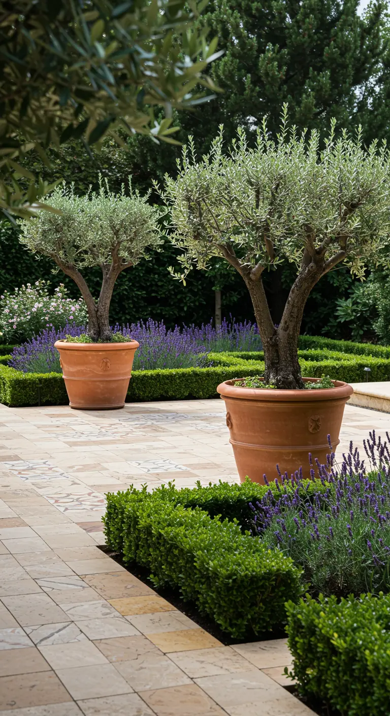 Jardín formal con olivos en grandes macetas de terracota y caminos bordeados por setos de boj.