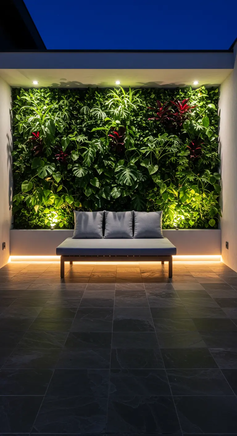 Pequeño patio de noche con un jardín vertical exuberante iluminado desde arriba y abajo.