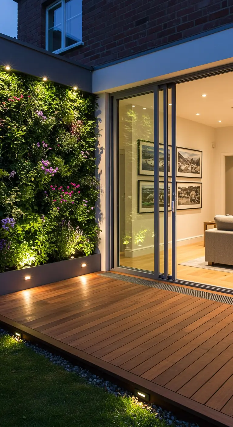 Jardín vertical junto a una gran puerta corredera de cristal, iluminado por focos desde arriba y abajo.