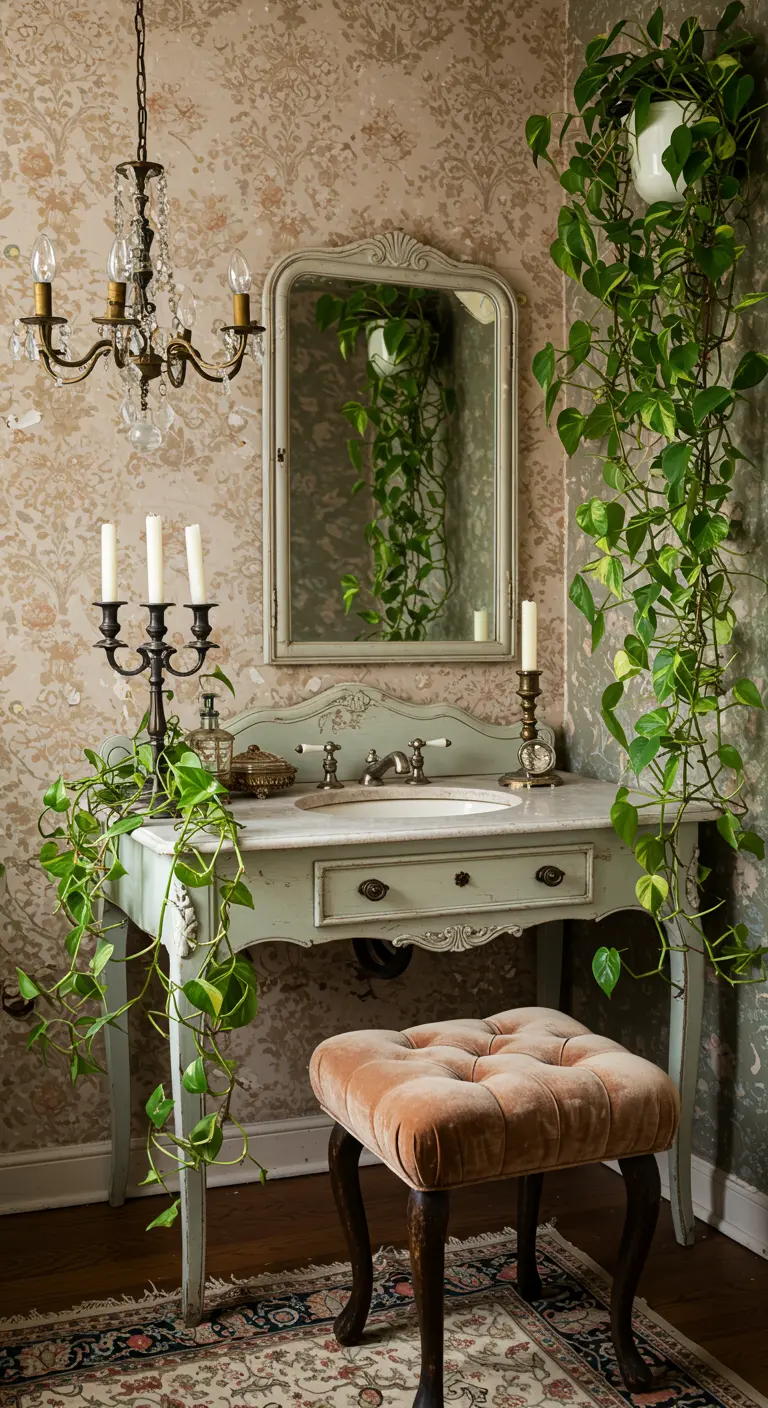 Baño vintage con tocador antiguo, plantas trepadoras y candelabros.