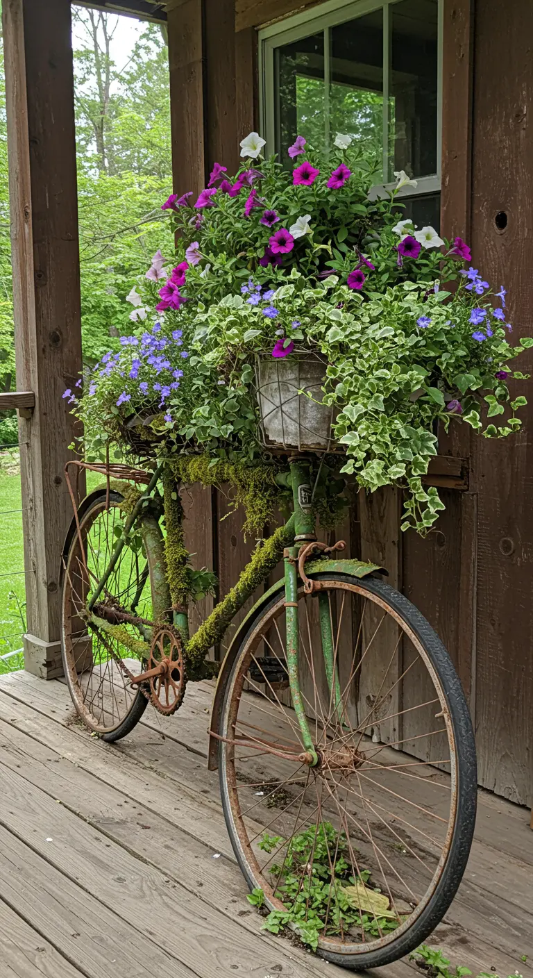 Bicicleta vieja y oxidada cubierta de musgo con una cesta desbordante de flores colgantes