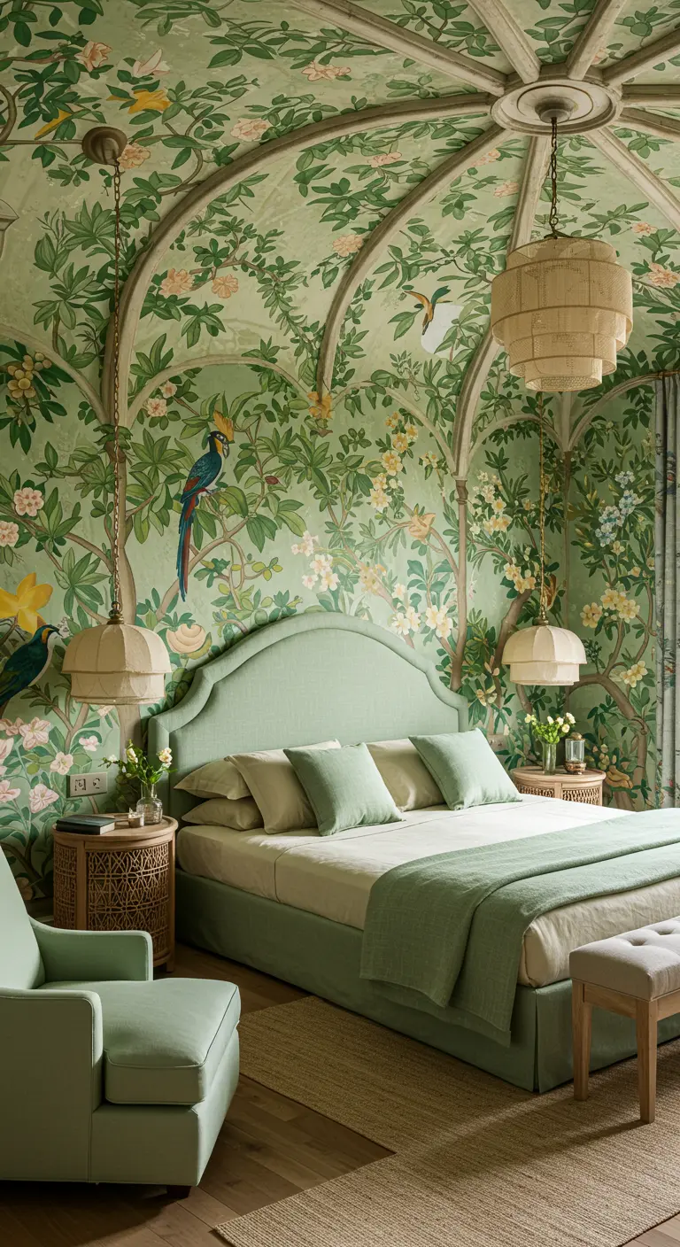 Dormitorio con papel pintado botánico en paredes y techo, y mobiliario verde salvia