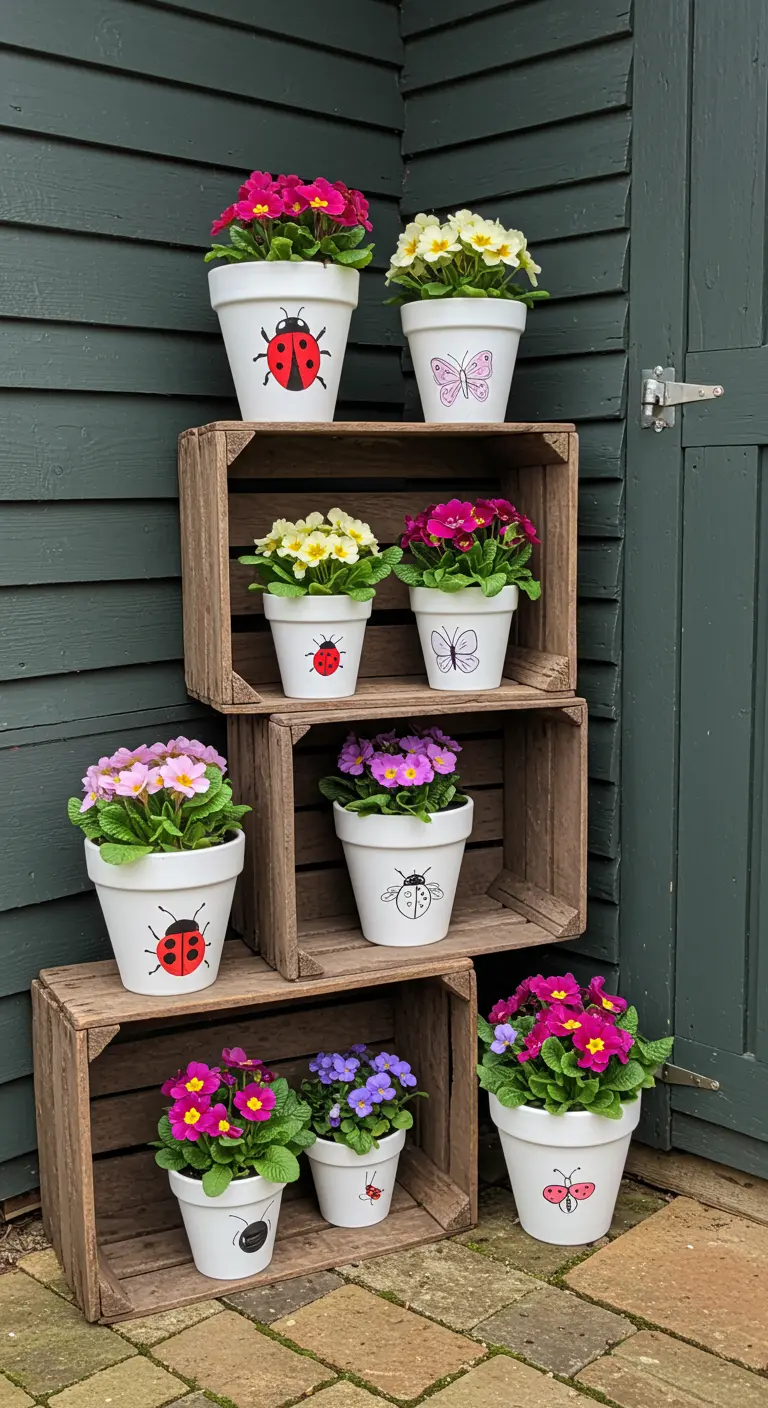 Macetas blancas con dibujos de mariquitas y mariposas, apiladas en cajas de madera.