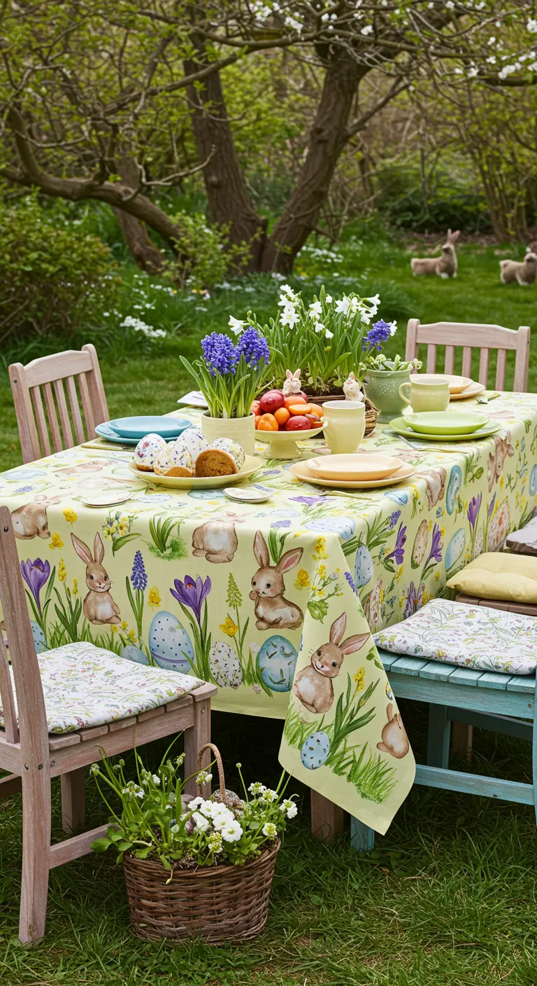 Mantel de Pascua amarillo pálido con conejitos y flores pintados, puesto en un jardín.