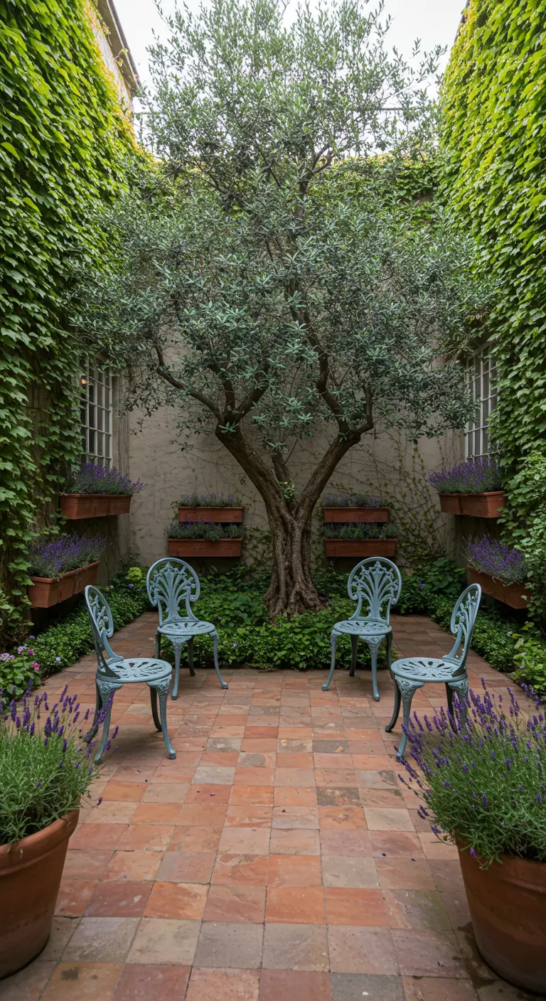 Patio íntimo rodeado de enredaderas con un olivo y cuatro sillas de hierro de estilo vintage.