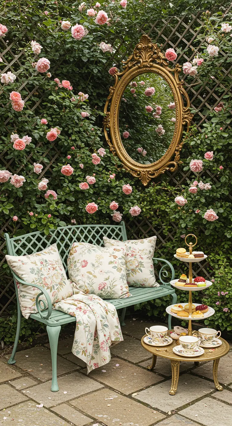 Jardín romántico con un banco verde menta y un espejo ovalado dorado colgado en una pared de rosas.