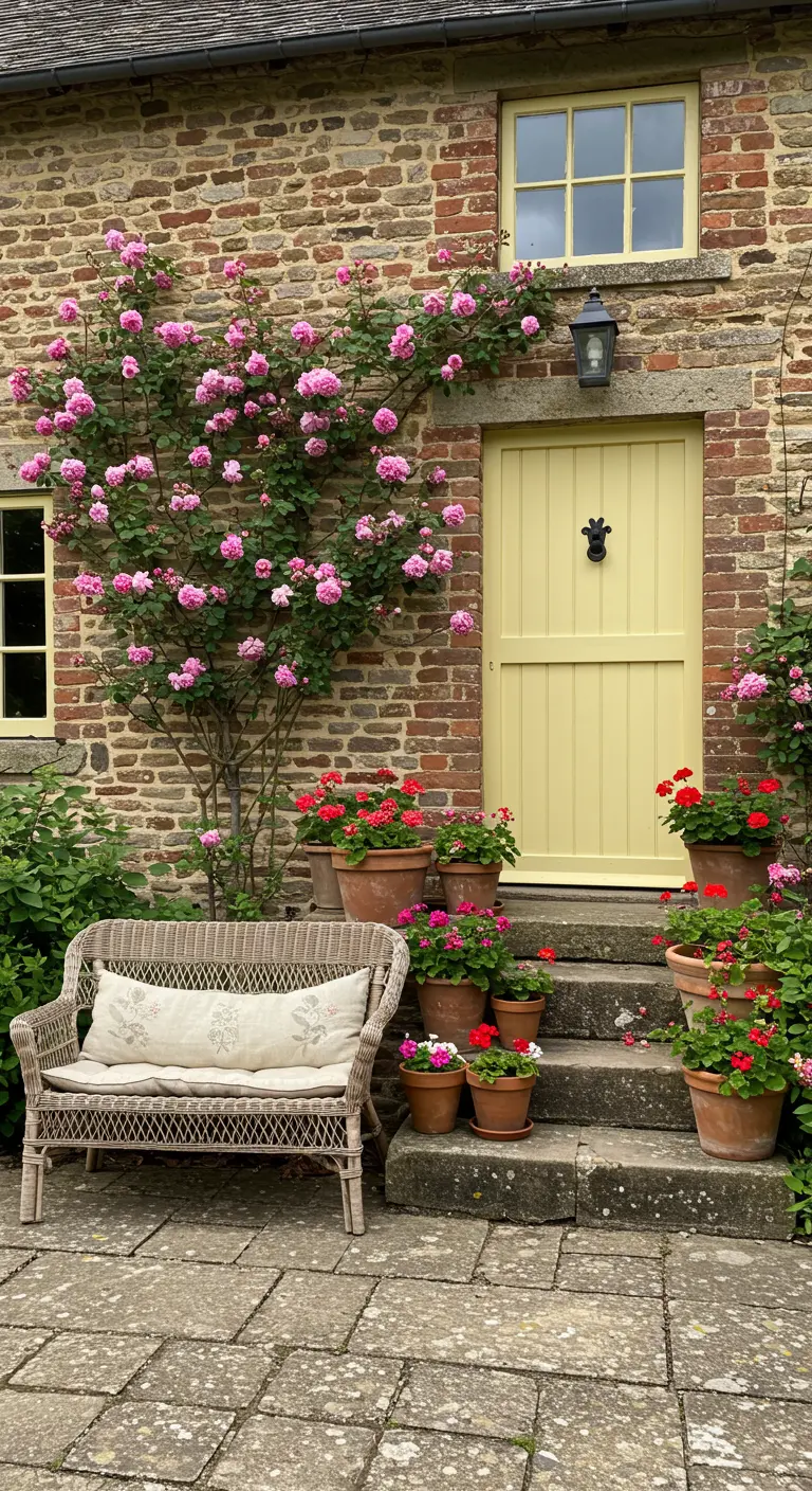 Entrada de una casa de campo con rosal trepador, banco de mimbre y macetas de geranios.