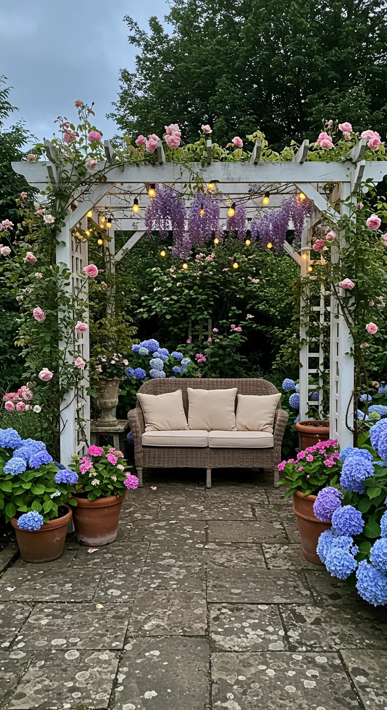 Pérgola blanca de madera cubierta de rosas y glicinas, con un sofá de mimbre y hortensias azules y rosas.