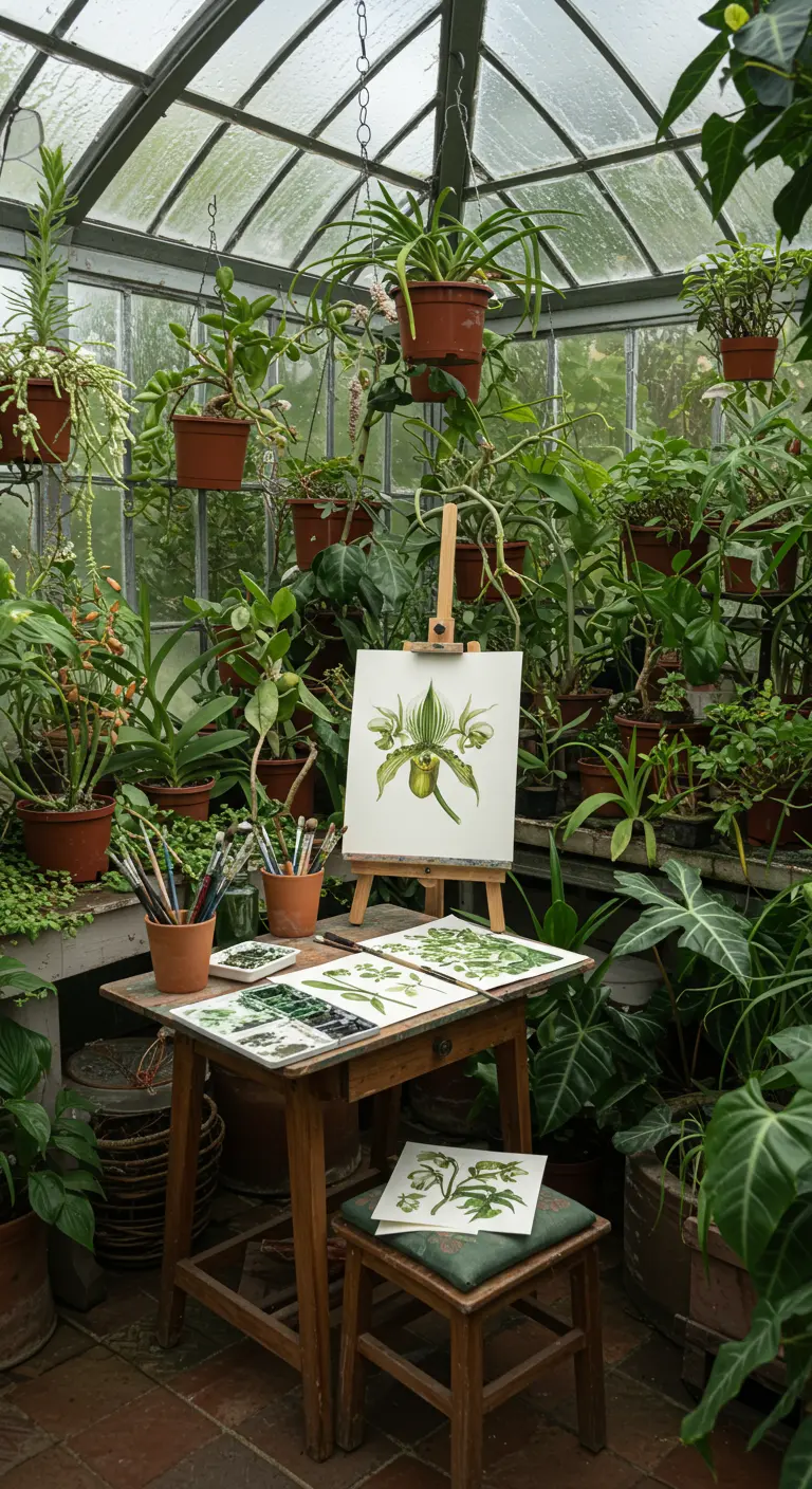 Estudio de ilustración botánica dentro de un invernadero lleno de plantas verdes y luz natural.