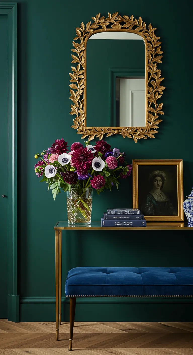 Entrada con paredes verde oscuro, espejo dorado con motivo de hojas y banco de terciopelo azul.