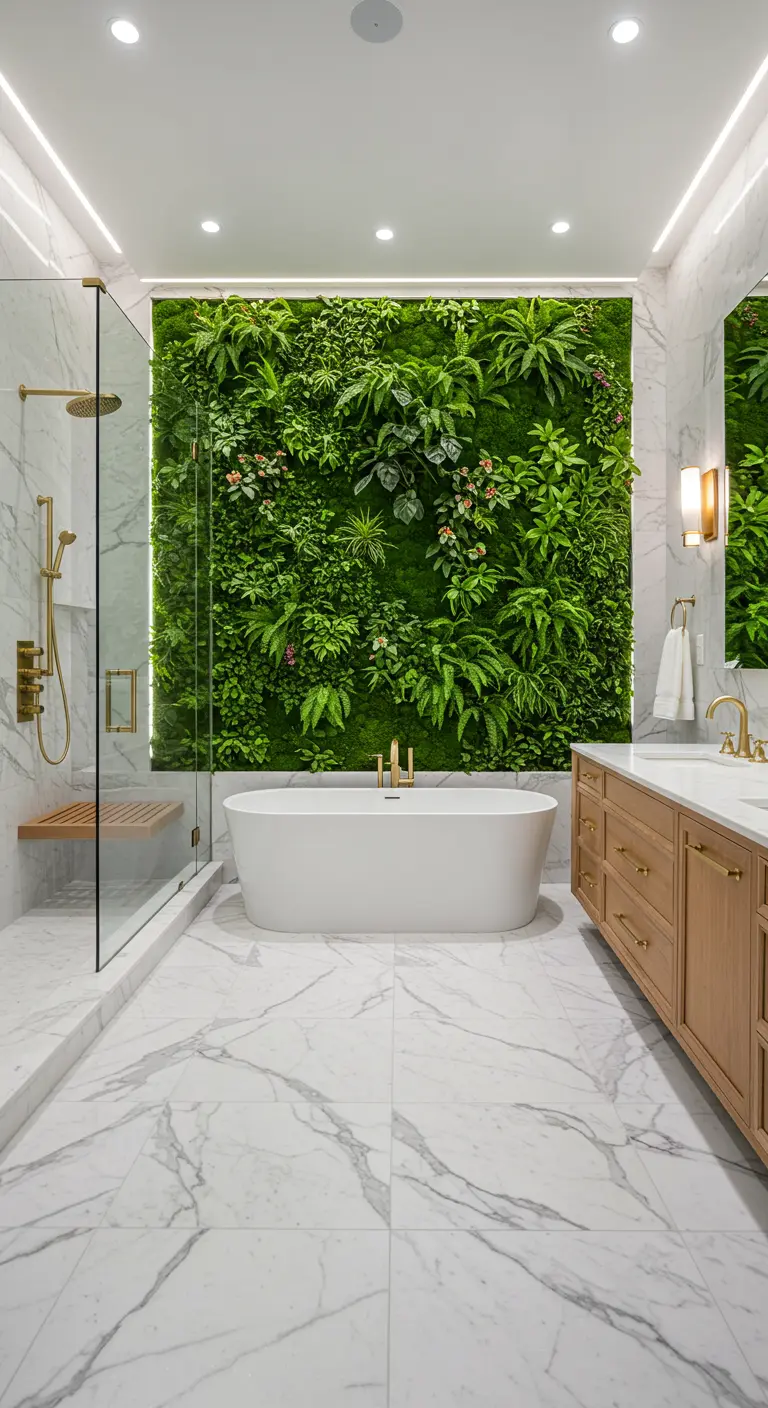 Baño de lujo con una pared completamente cubierta de plantas y bañera exenta