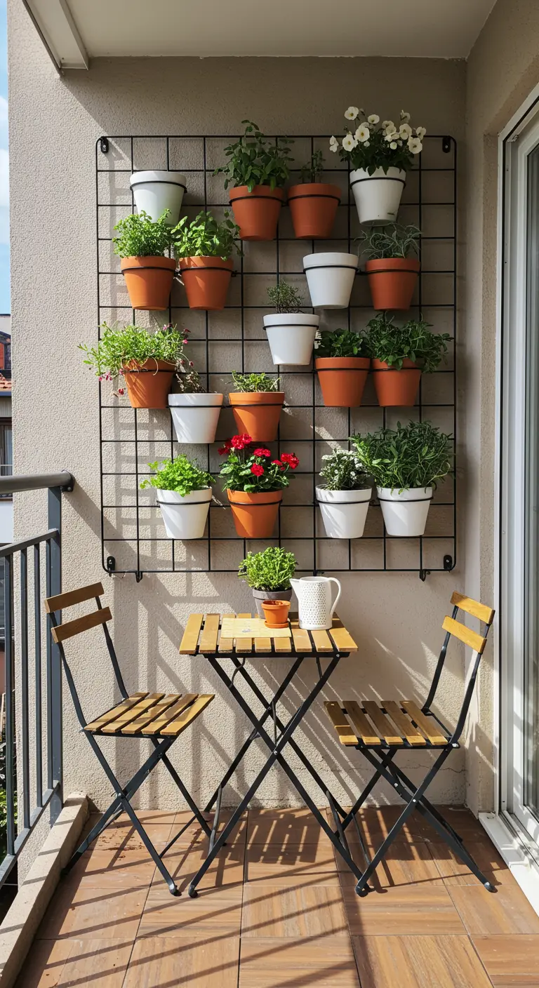 Pared de balcón con una rejilla negra llena de macetas con plantas y flores variadas