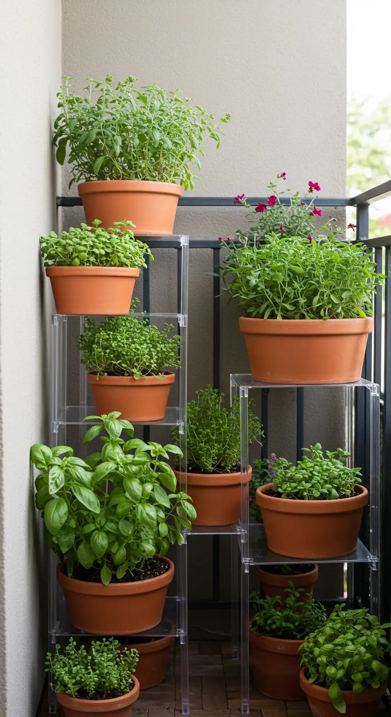Estantería de acrílico en un balcón llena de macetas de terracota con hierbas aromáticas