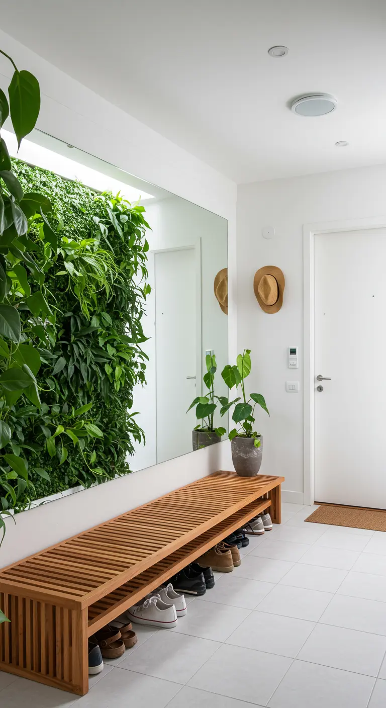 Entrada moderna con un jardín vertical, un gran espejo y un banco zapatero de listones de madera.